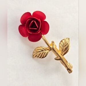 Vintage Red Rose with Gold Tone Stem Brooch Valentines